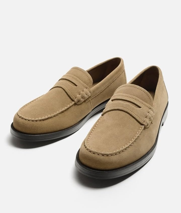Beige Suede Penny Loafers