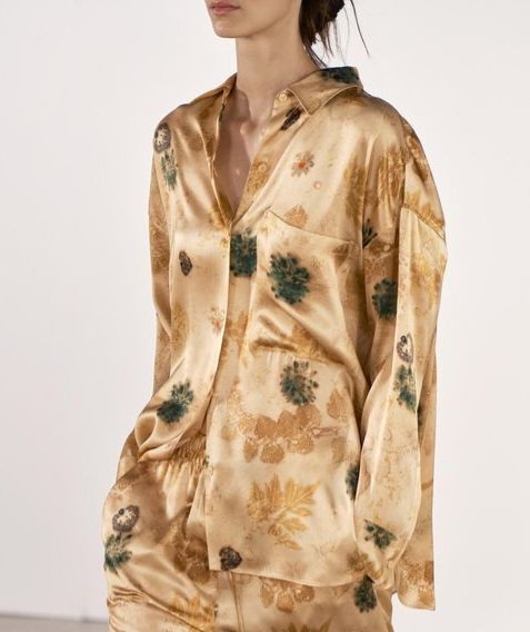 Golden Beige Botanical Print Satin Shirt