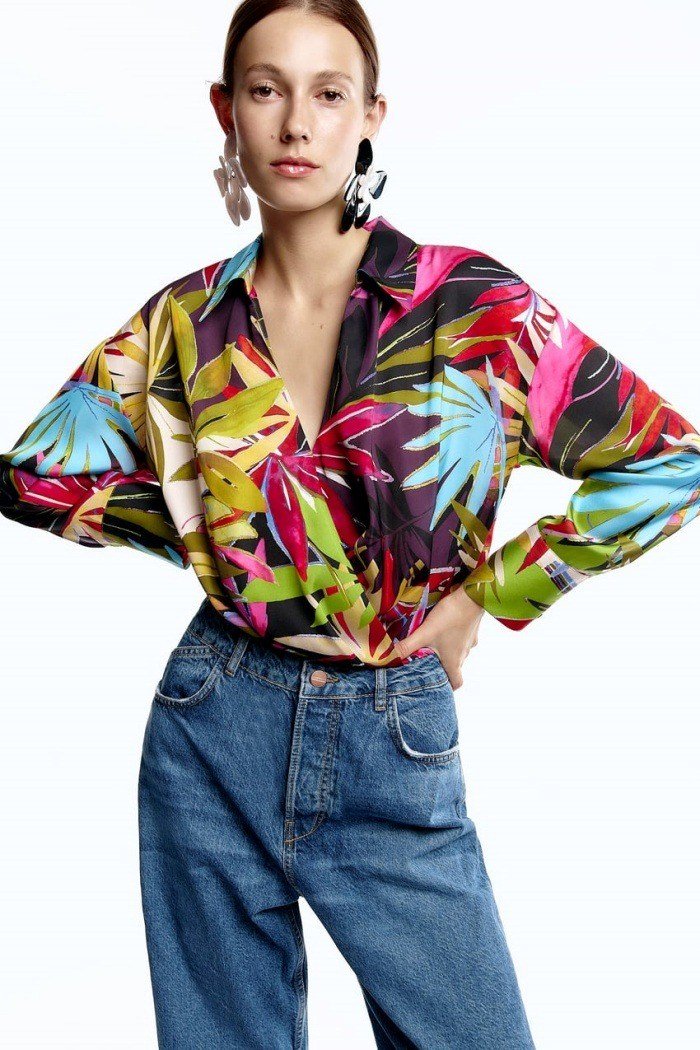Multicoloured Tropical Print Satin Top