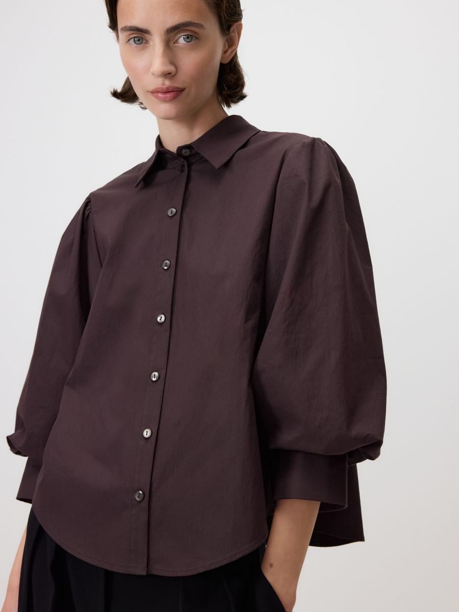 Chocolate Brown Poplin Puff Sleeve Shirt