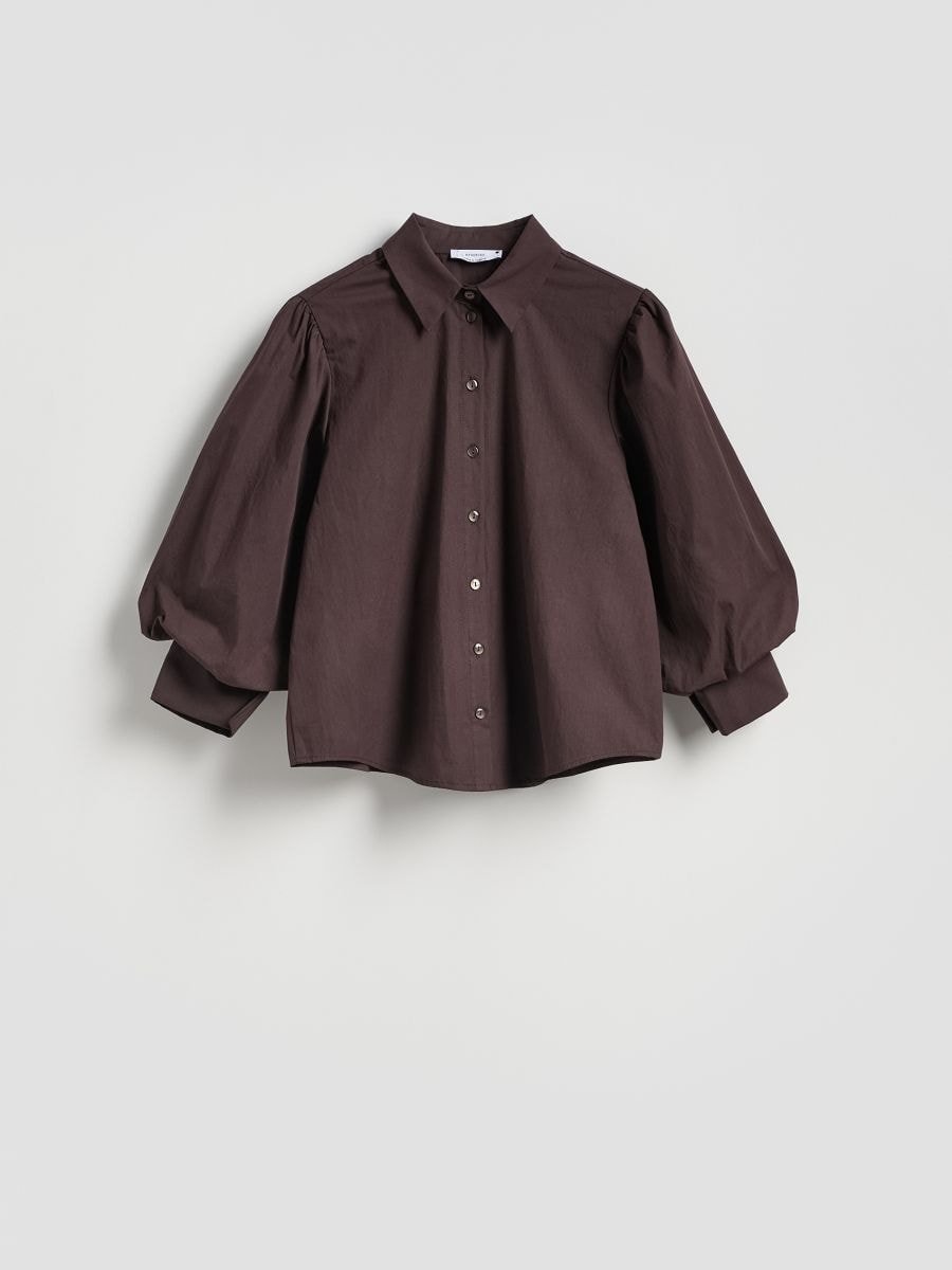 Chocolate Brown Poplin Puff Sleeve Shirt - Image 2