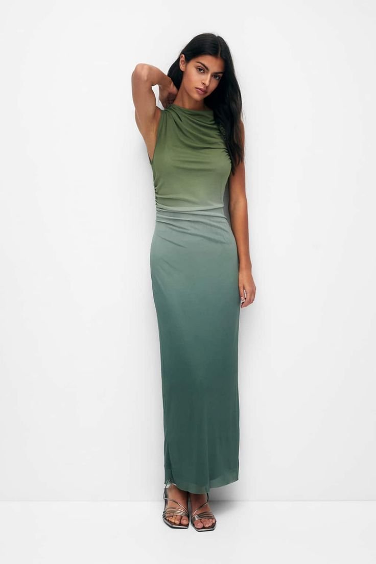 Green Ombre Draped Cowl Neck Maxi Dress