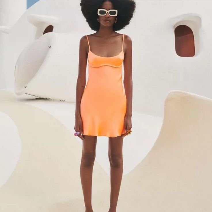 Orange Satin Cowl-Neck Mini Dress