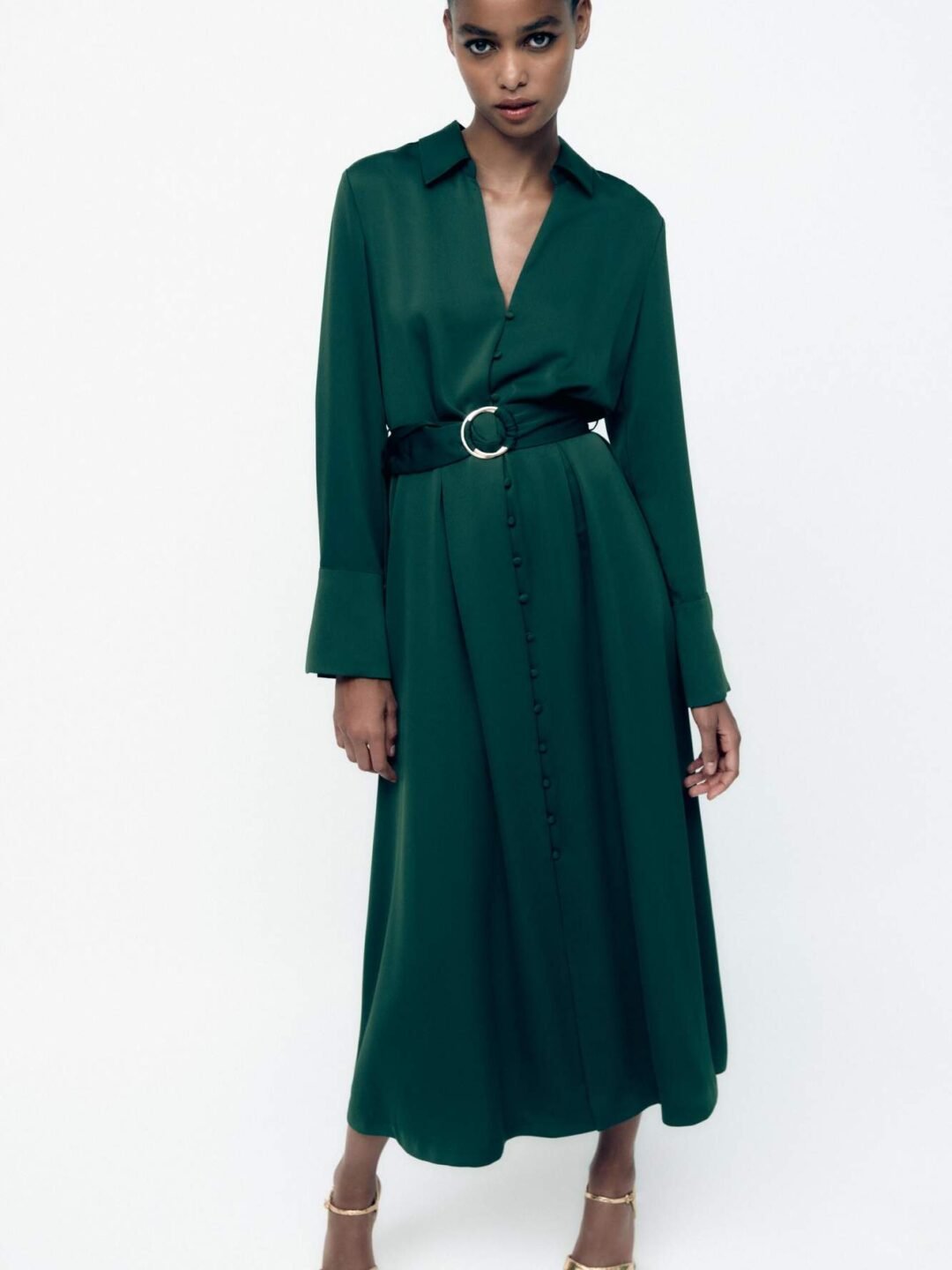 Emerald Green Belted Shirt Dress