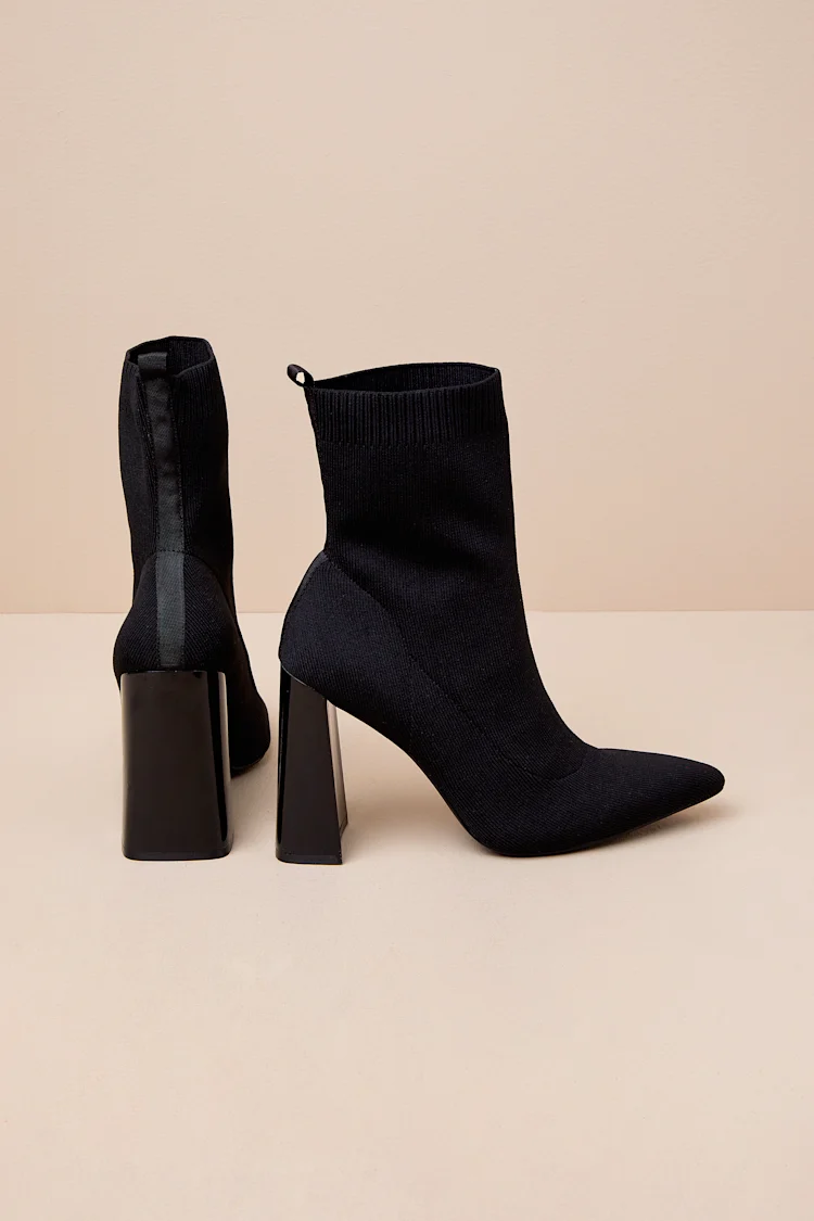 Black Pointed-Toe Block Heel Sock Ankle Boots - Image 4