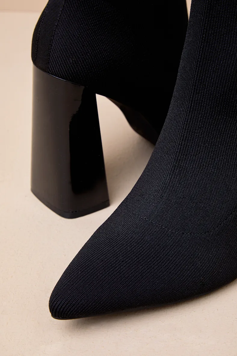Black Pointed-Toe Block Heel Sock Ankle Boots - Image 3