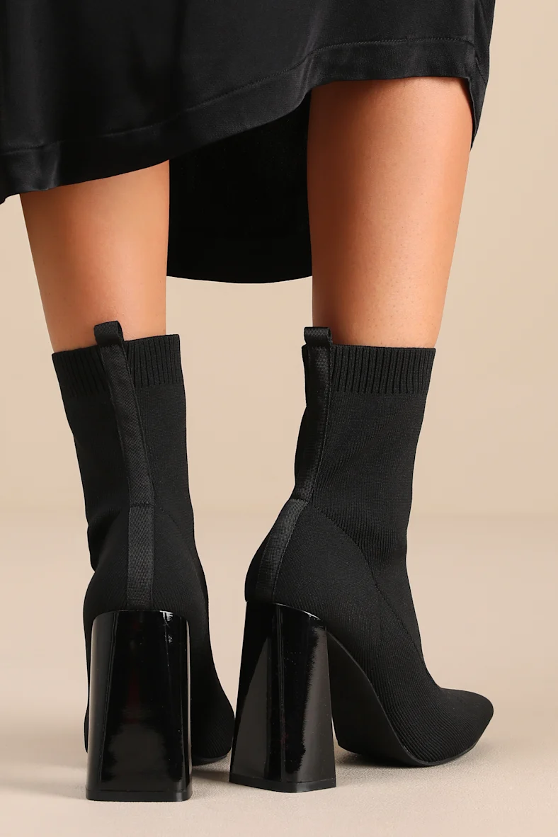 Black Pointed-Toe Block Heel Sock Ankle Boots - Image 2