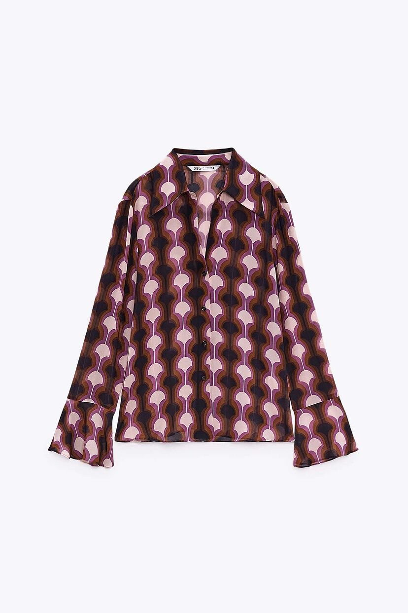 Flared Sleeve Retro Geometric Print Shirt