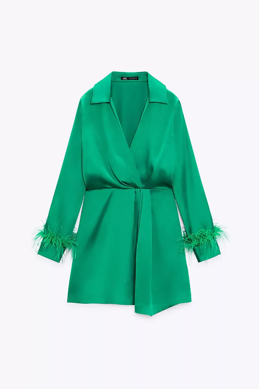 Green Satin Feather Wrap Mini Dress - Image 5
