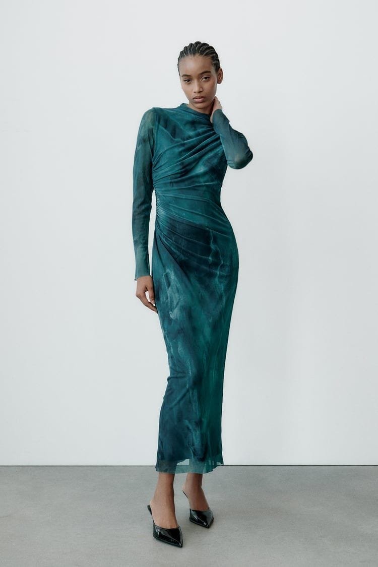Teal Mesh Ruched Velvet Midi Dress