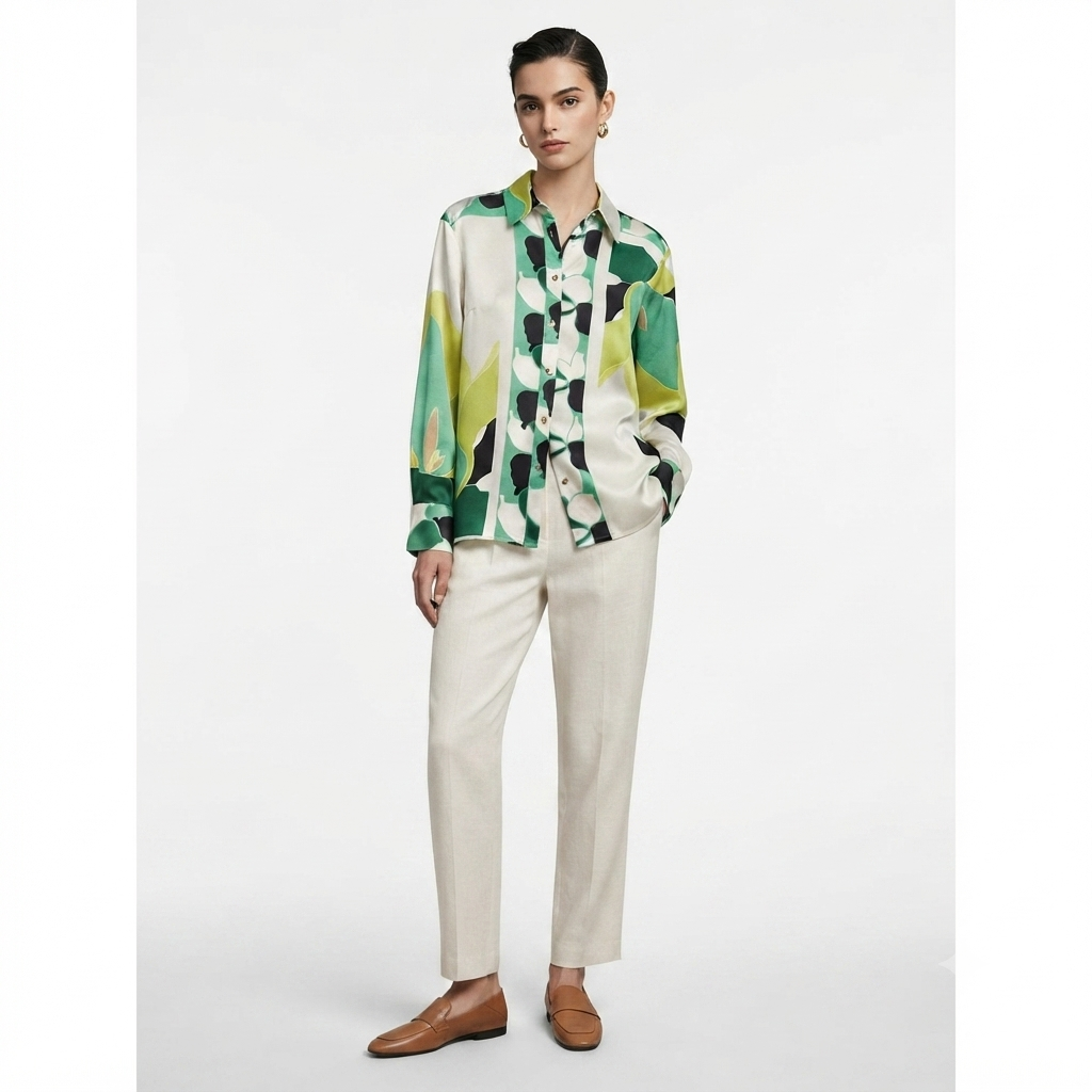 Green Multi Abstract Print Satin Shirt
