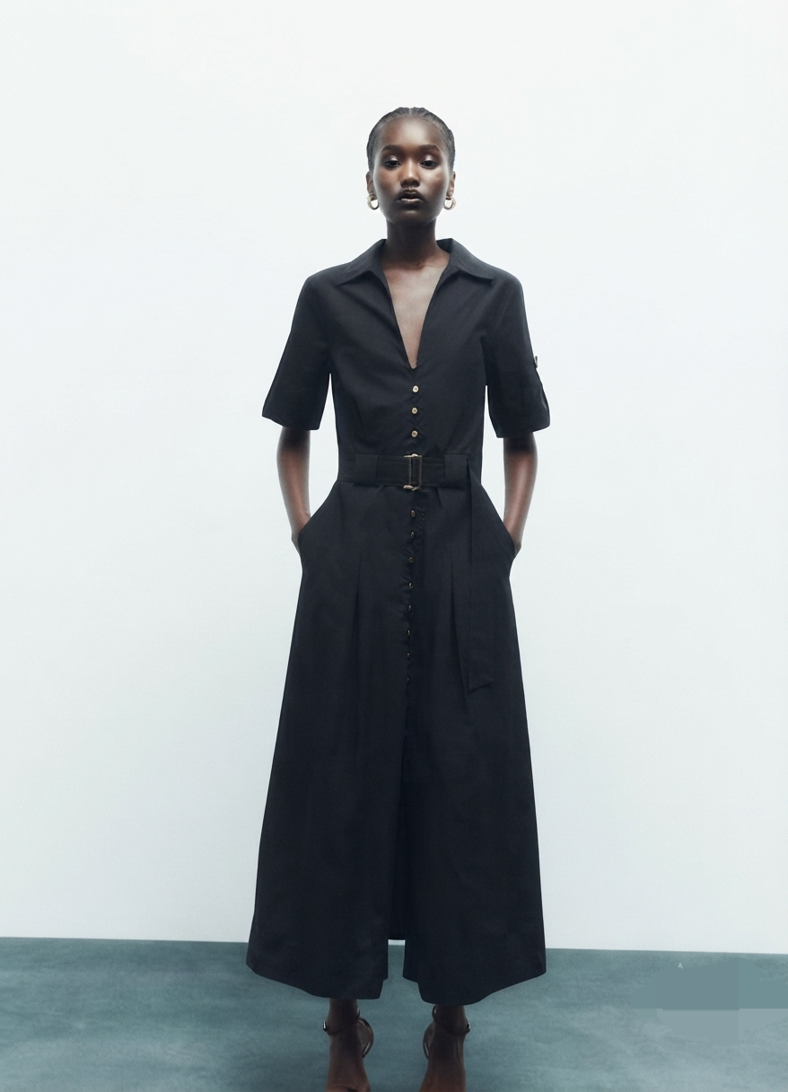 Black Shirt Midi Dress With Gold Buckle Belt