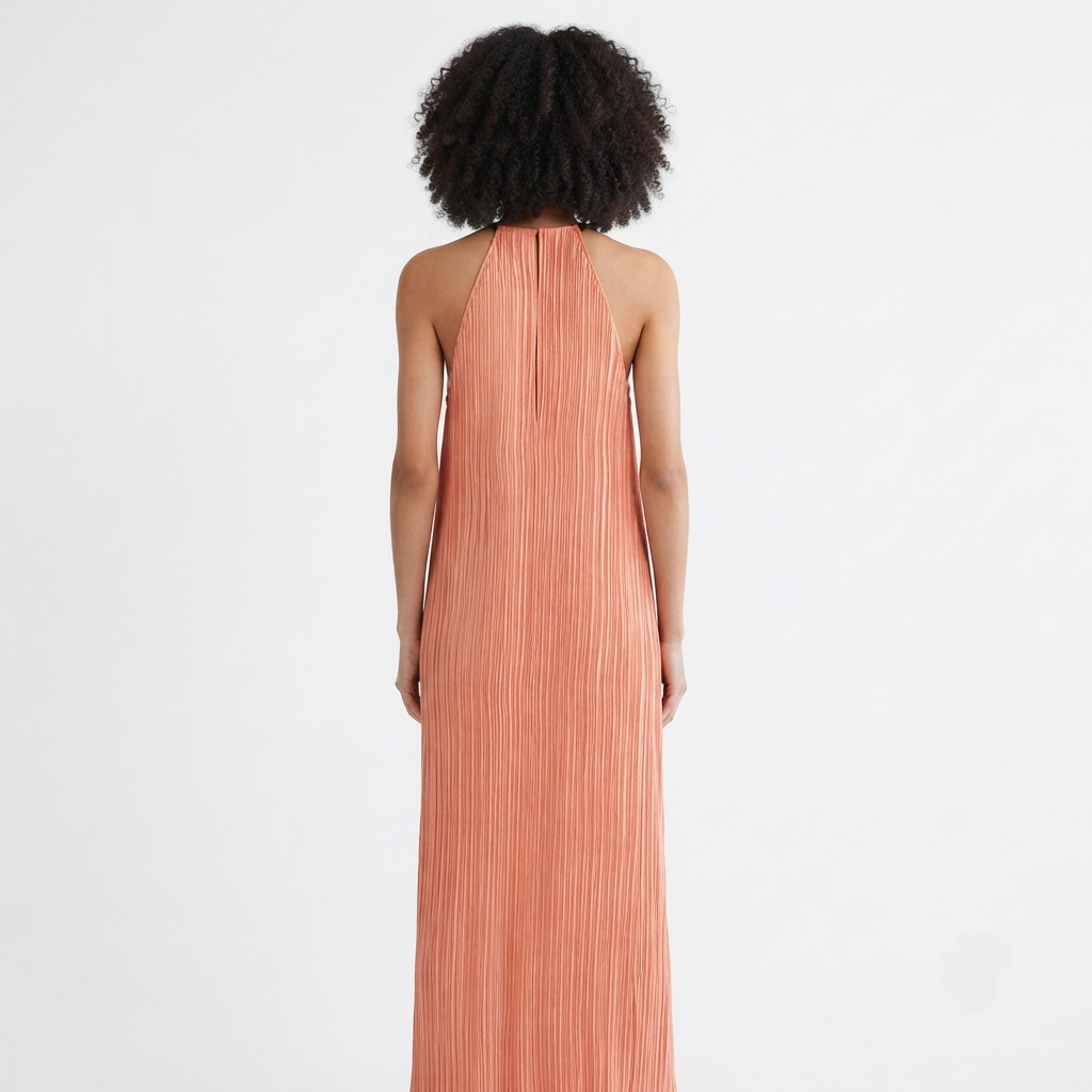 Coral Pleated Halter Midi Dress - Image 2