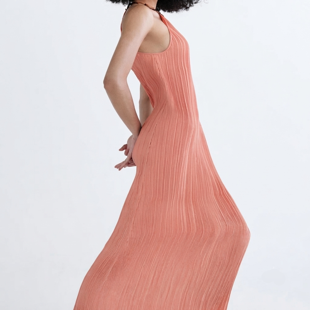 Coral Pleated Halter Midi Dress - Image 4