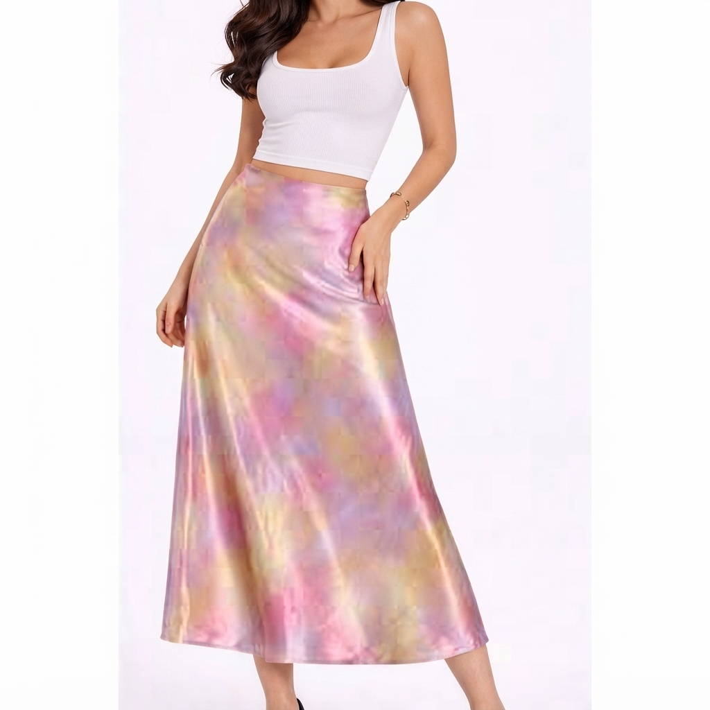 Pastel Tie and Dye Watercolor Satin Midi Skirt