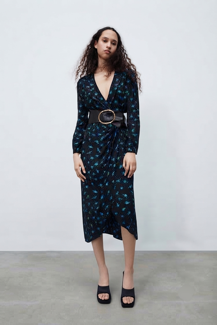 Teal Leopard Black Blue Floral Wrap Midi Dress