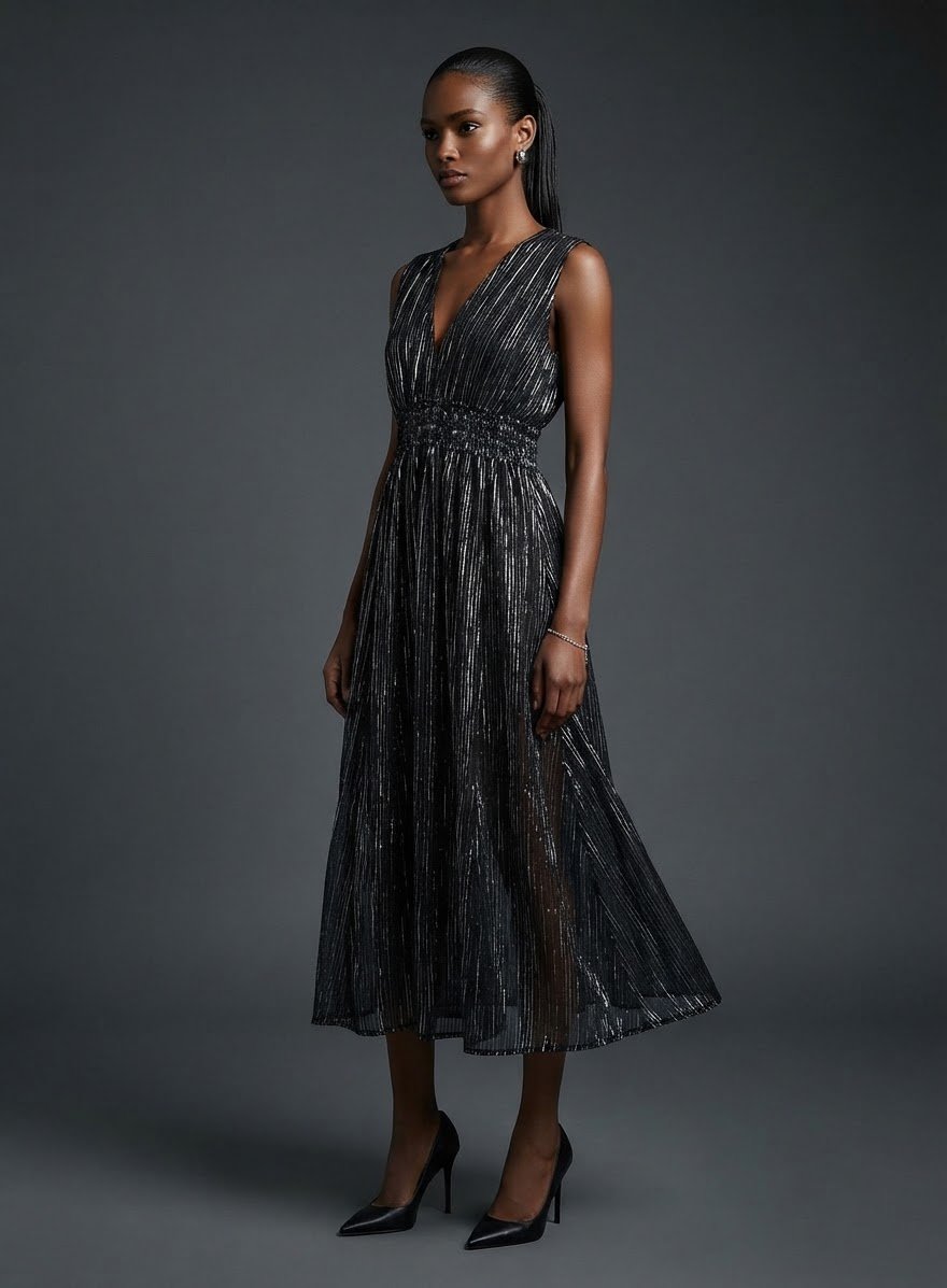 Black Silver Lurex Metallic Striped Midi Dress