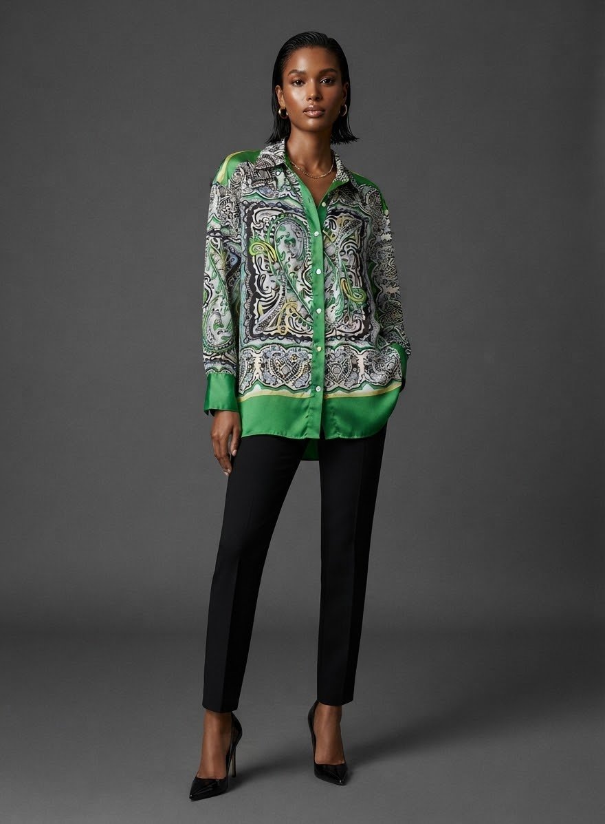 Green Paisley Printed Satin Shirt