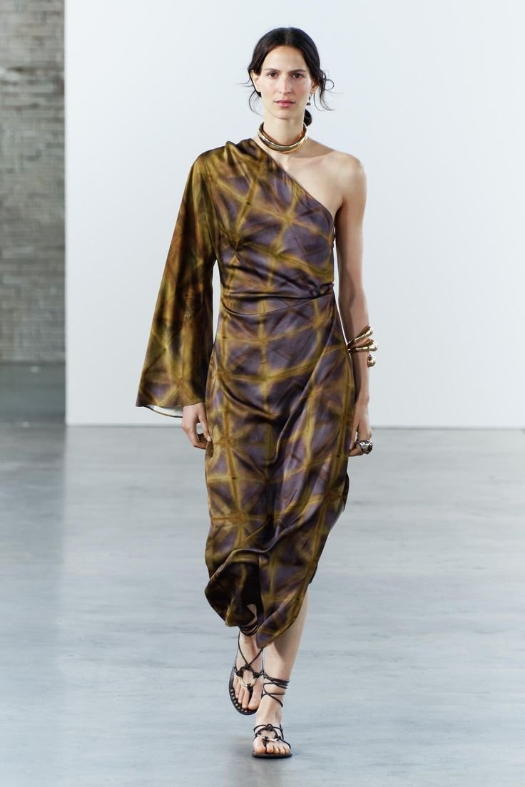 Brown Olive Geometric One Shoulder Printed Satin Midi Dress