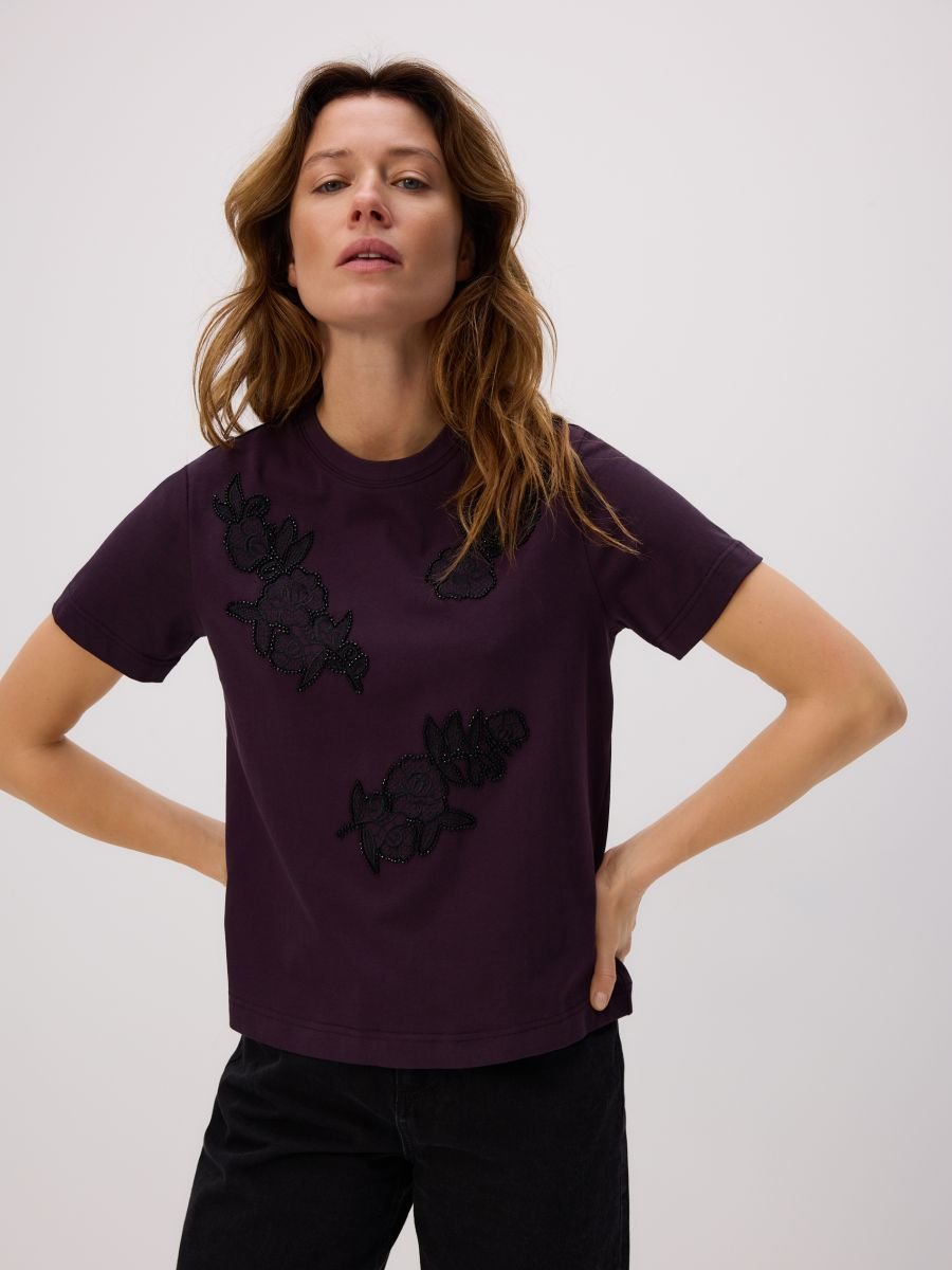 Deep Purple Embroidered Cotton T-Shirt