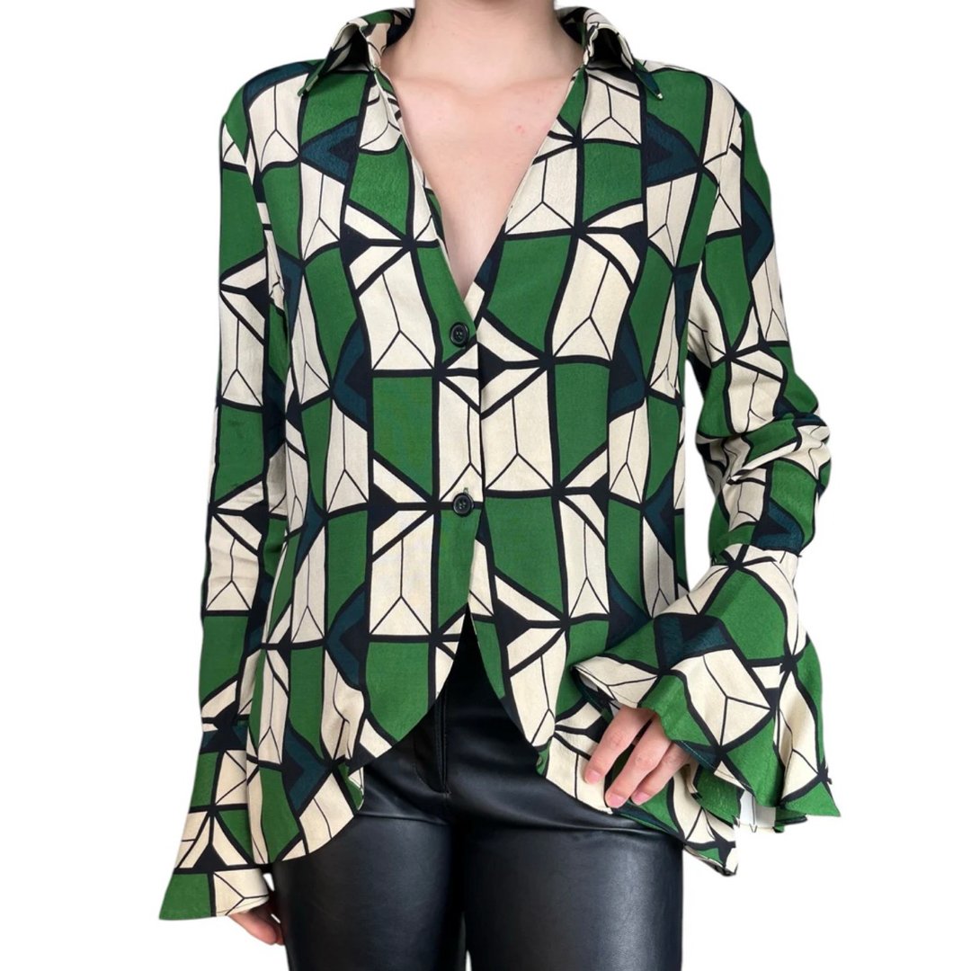 Multi Green Geometric Print Flared Sleeve Shirt
