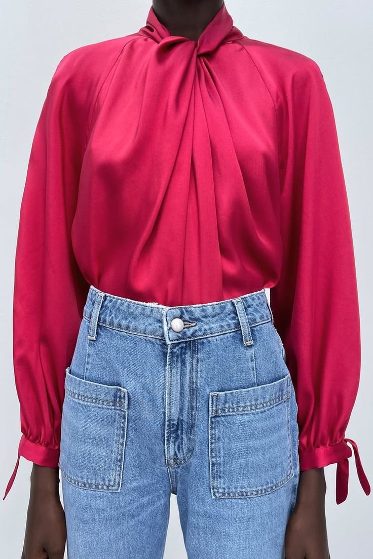 Fuchsia Satin Blouse With Bow