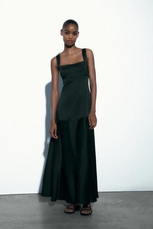 Dark Green Square Neck Flared Satin Maxi Dress