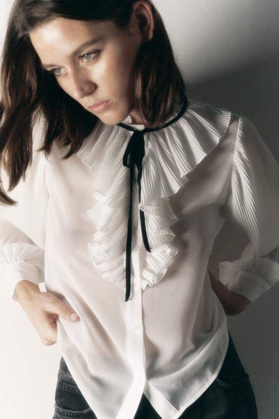 White Pleated Ruffle Tie Neck Blouse