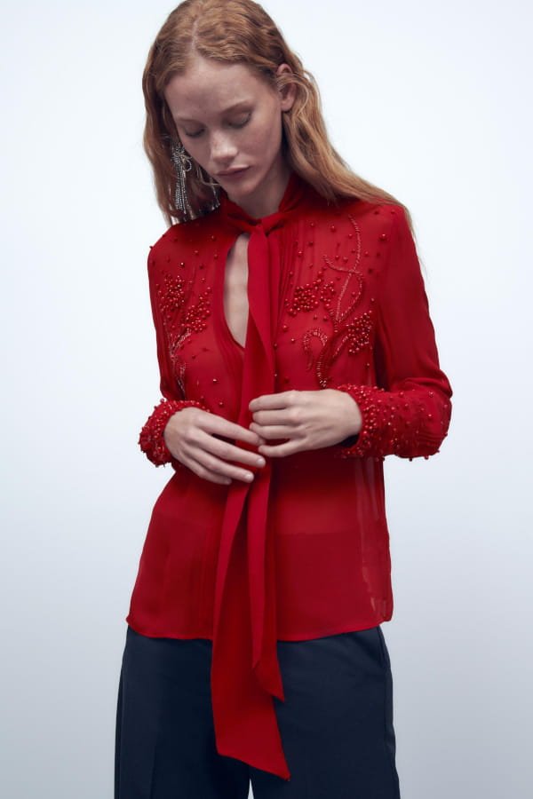 Limited Edition Red Embellished Tie Neck Blouse