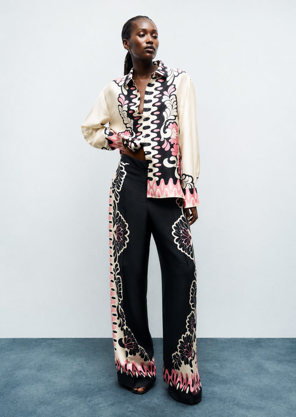 Floral Border Print Wide-Leg Trousers