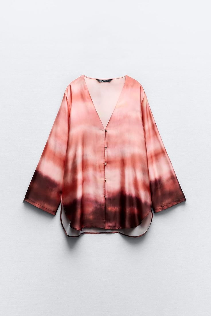 Coral Burgundy Ombre Satin V Neck Blouse - Image 3
