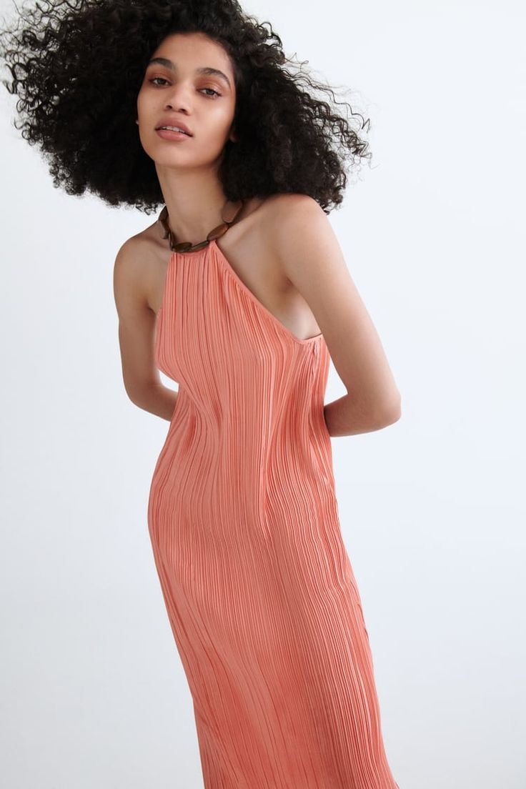 Coral Pleated Halter Midi Dress - Image 3