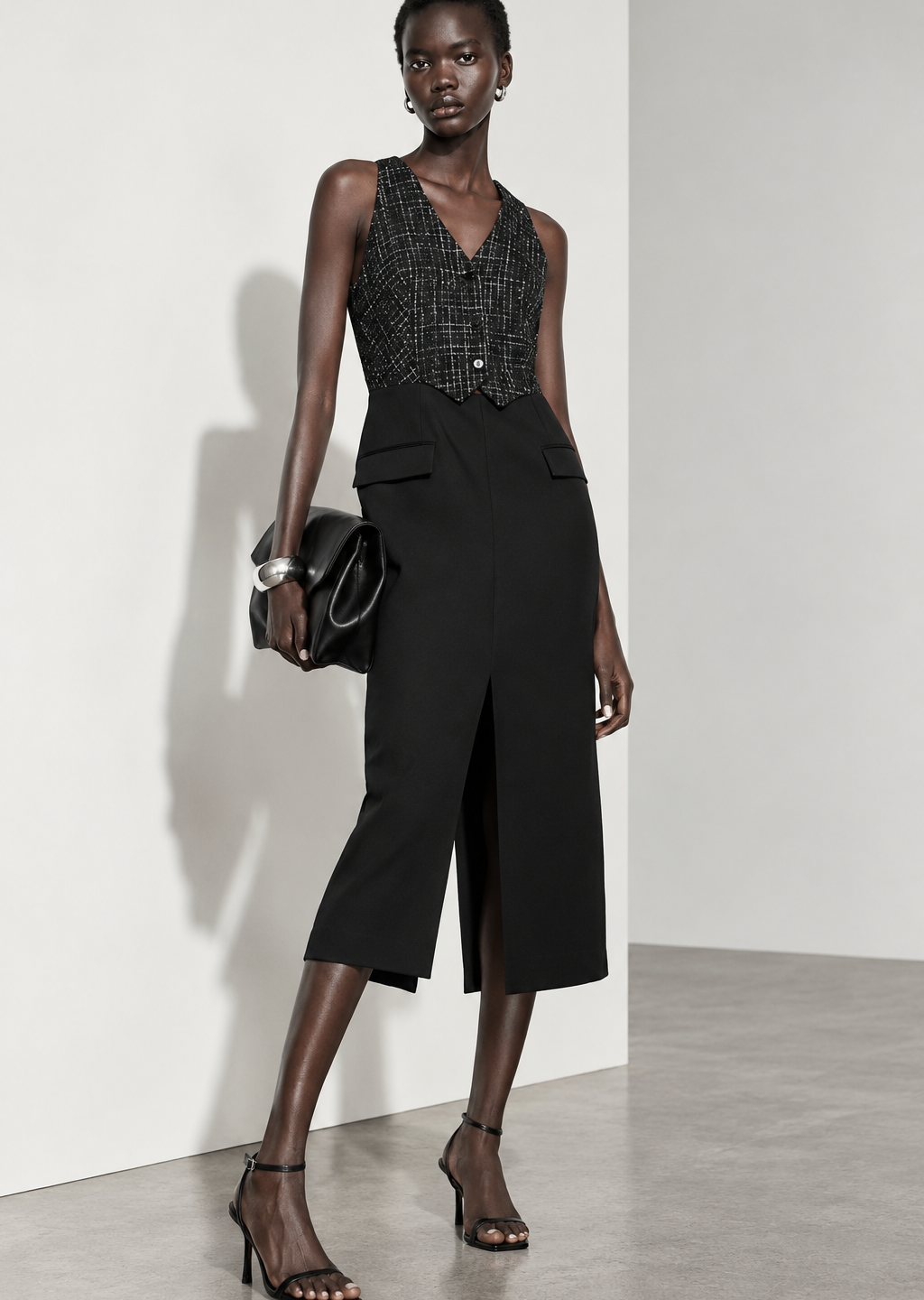 Textured Vest Detail Midi Dress
