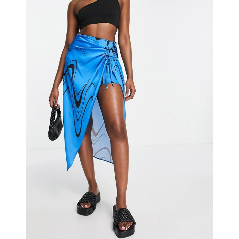 Marble Blue Print Asymmetric Wrap Sarong Skirt