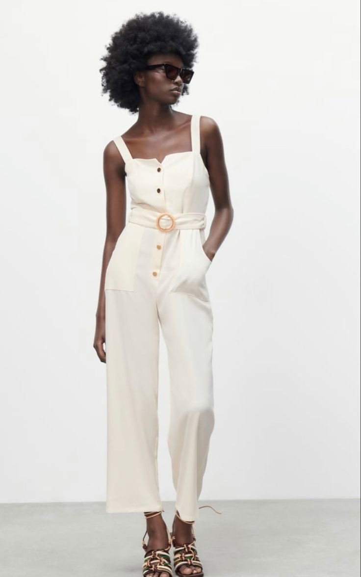 Ivory Button Front Belted Wide Leg Jumpsuit