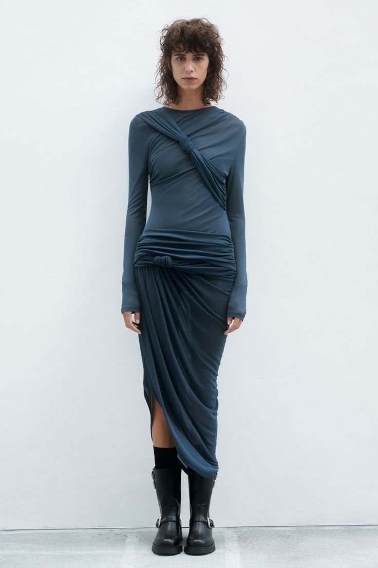 Teal Draped Knot Midi Dress