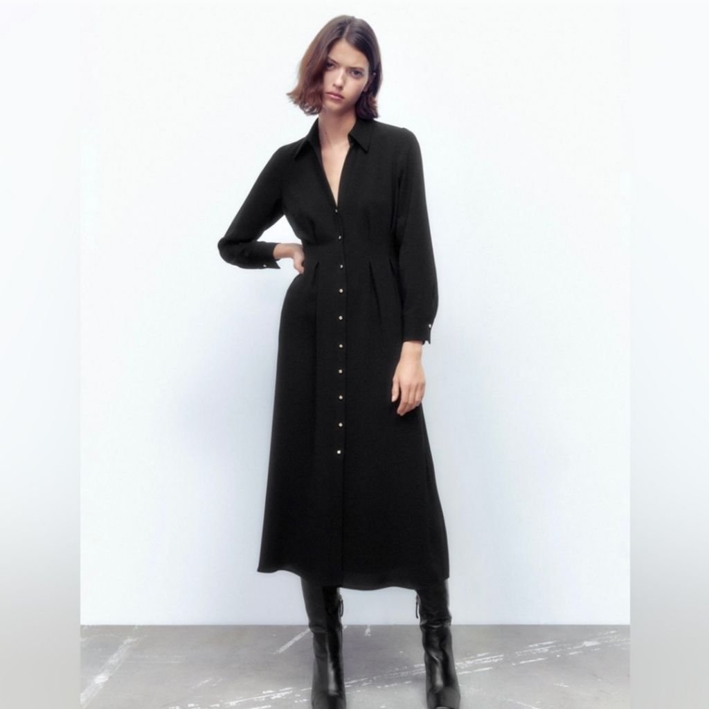 Black Long-Sleeve Button-Front Shirt Midi Dress