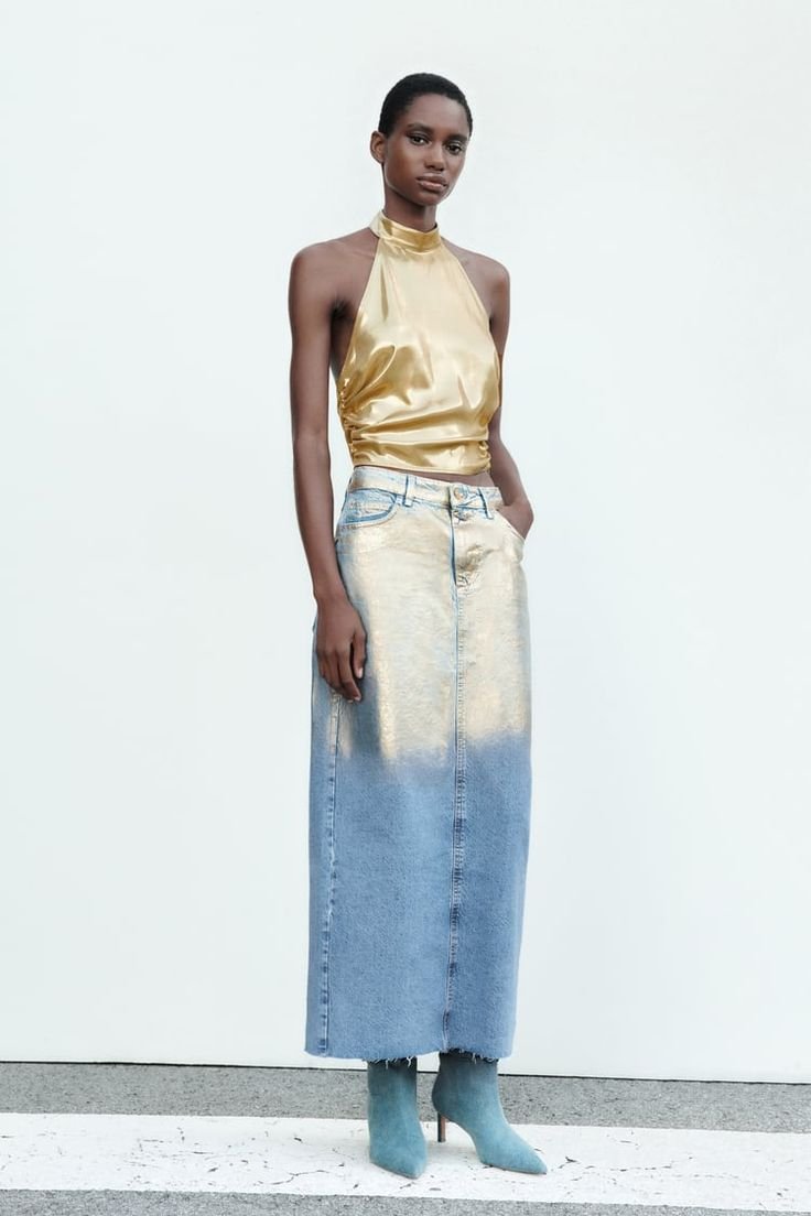 Blue Metallic Foil Denim Midi Skirt