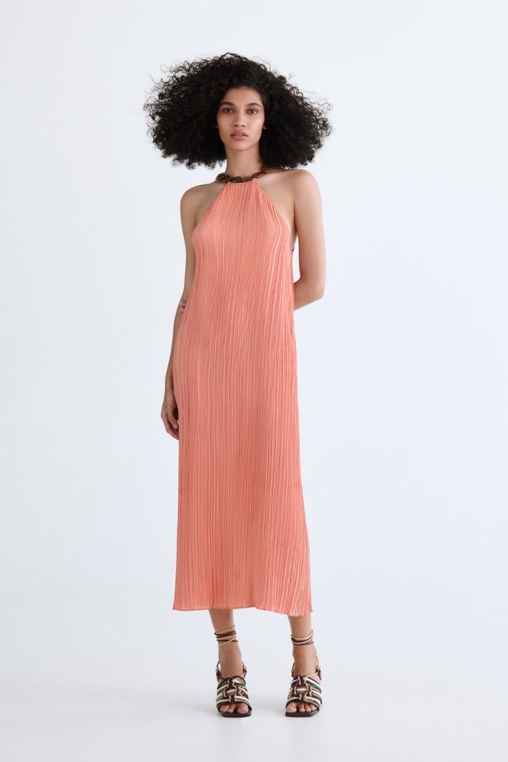 Coral Pleated Halter Midi Dress