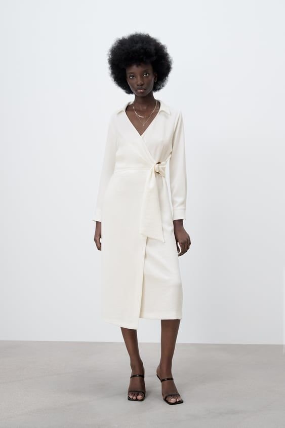 White Wrap Midi Dress With Self Tie Belt