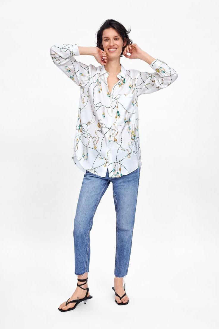 White Equestrian Satin Print Button Down Shirt