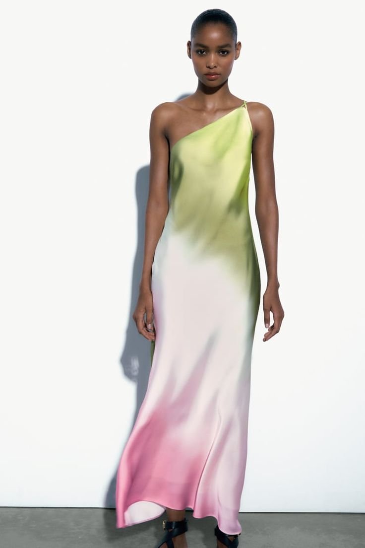 One Shoulder Ombre Satin Maxi Dress