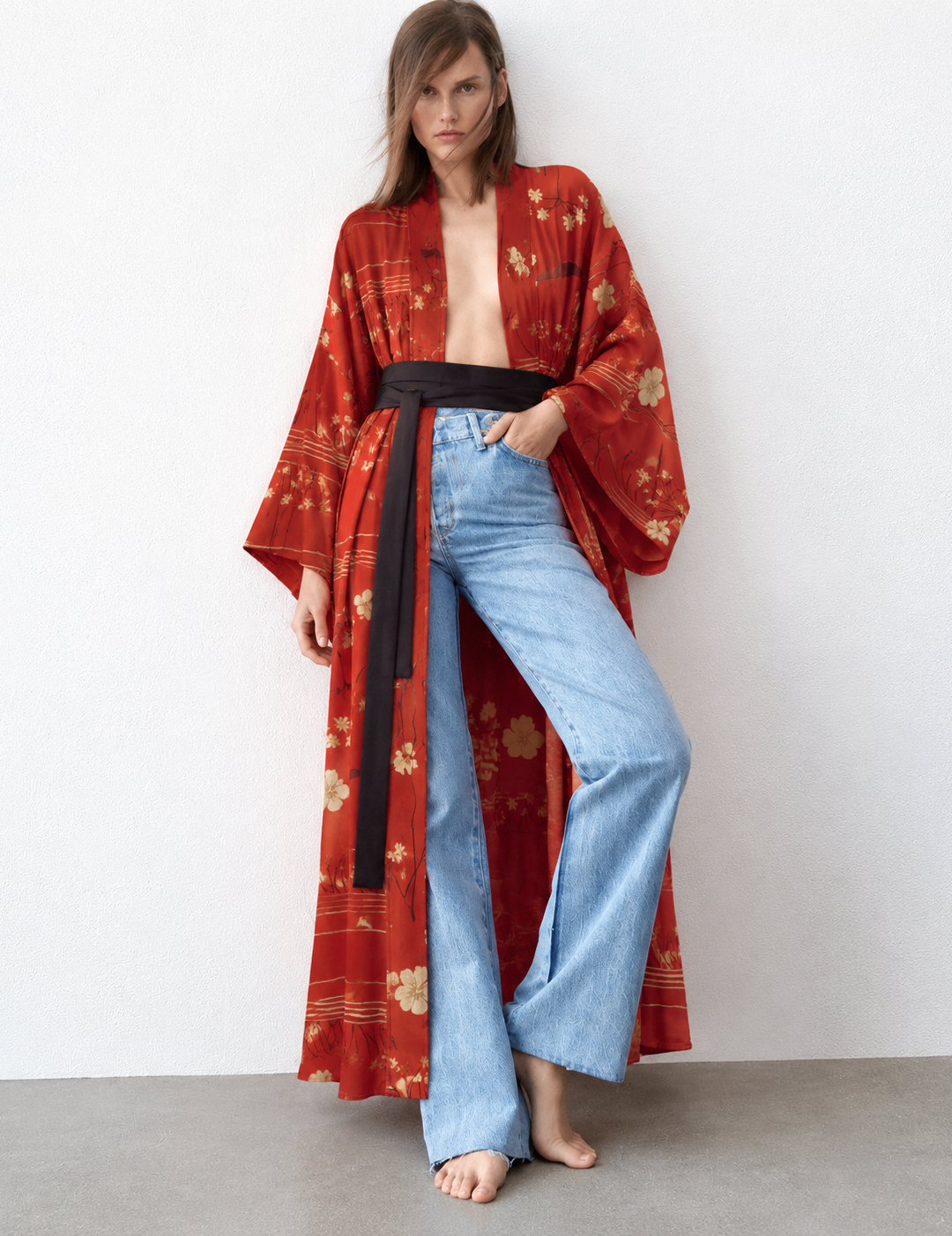 Floral Print Kimono Flute Sleeve Kimono