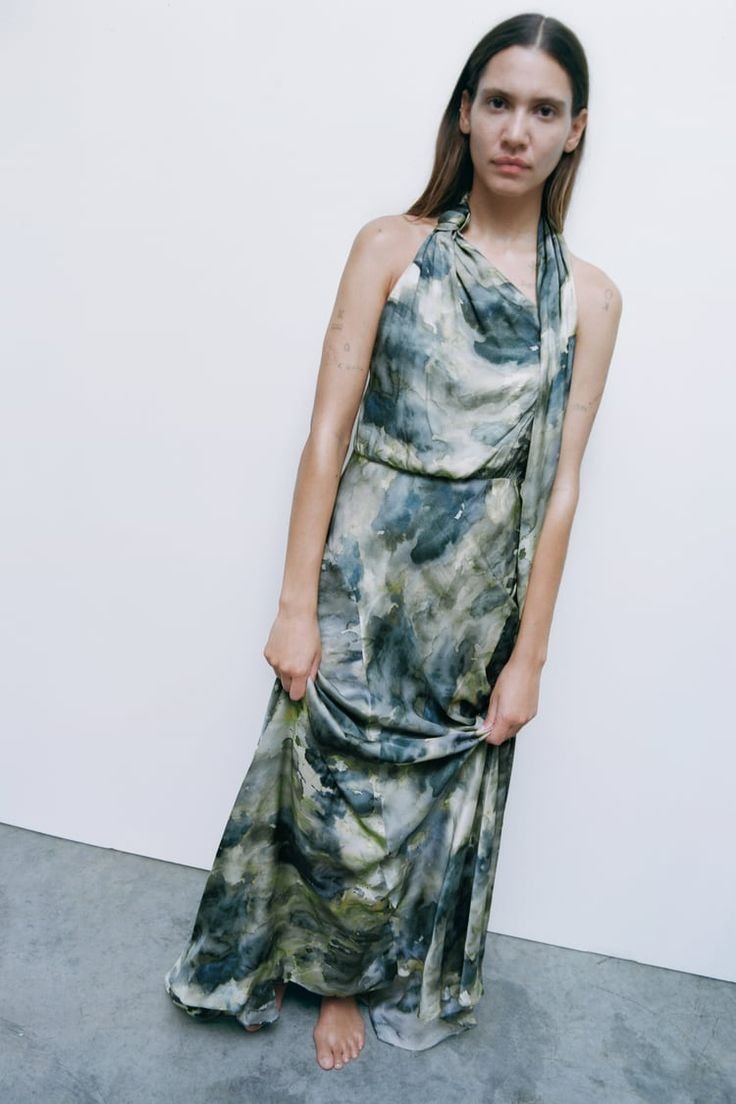 Abstract Green Halter Neck Show Back Maxi Dress - Image 7
