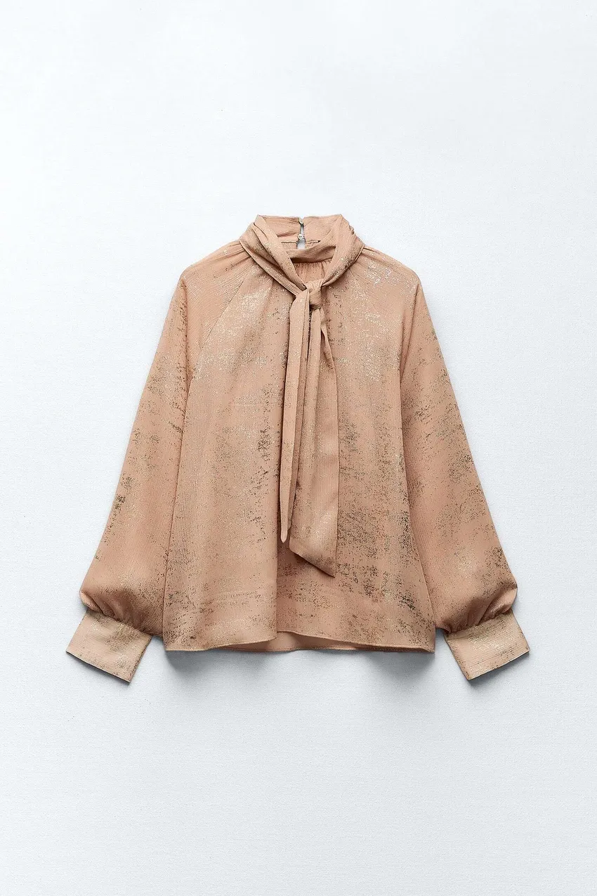 Nude Metallic Pussybow Blouse