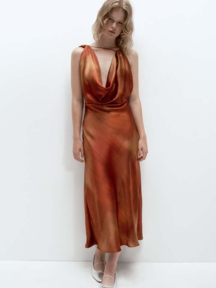 Copper Satin Cowl Neck Midi Dress