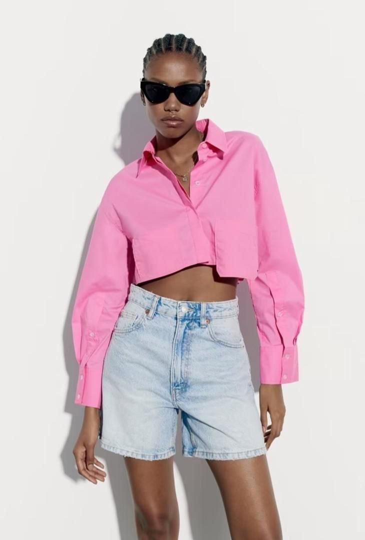 Vibrant Pink Cropped Poplin Shirt