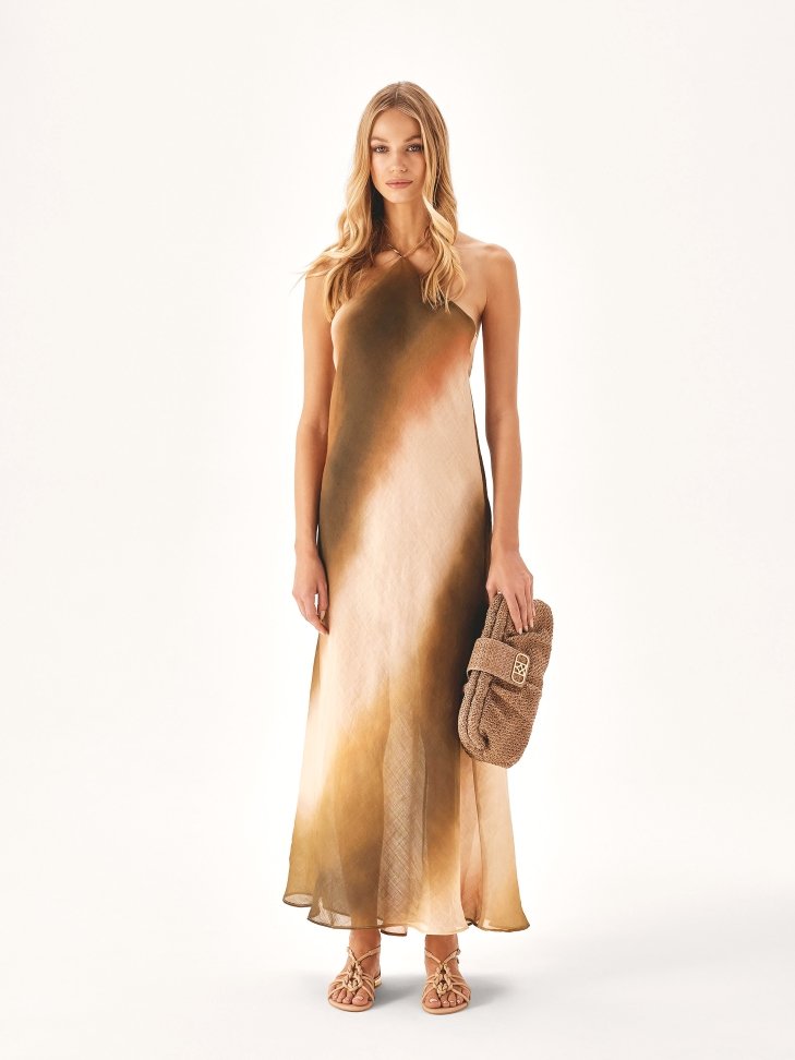 Olive Green Satin Halter Maxi Dress