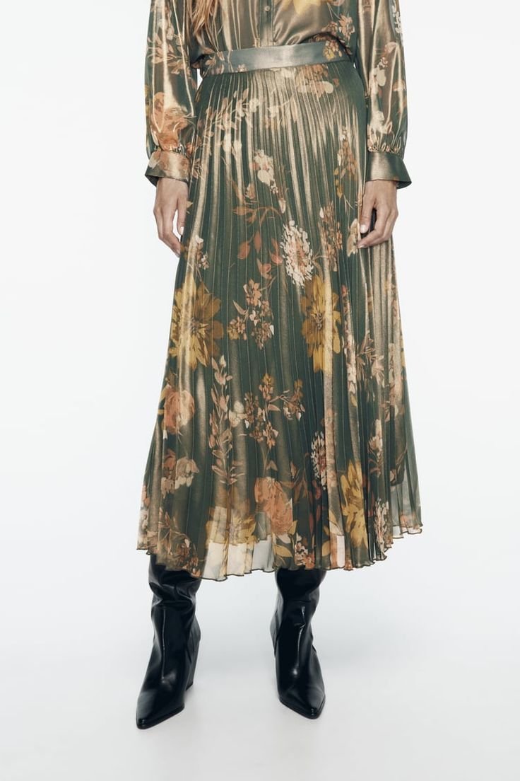 Olive Green Vintage Pleated Midi Skirt