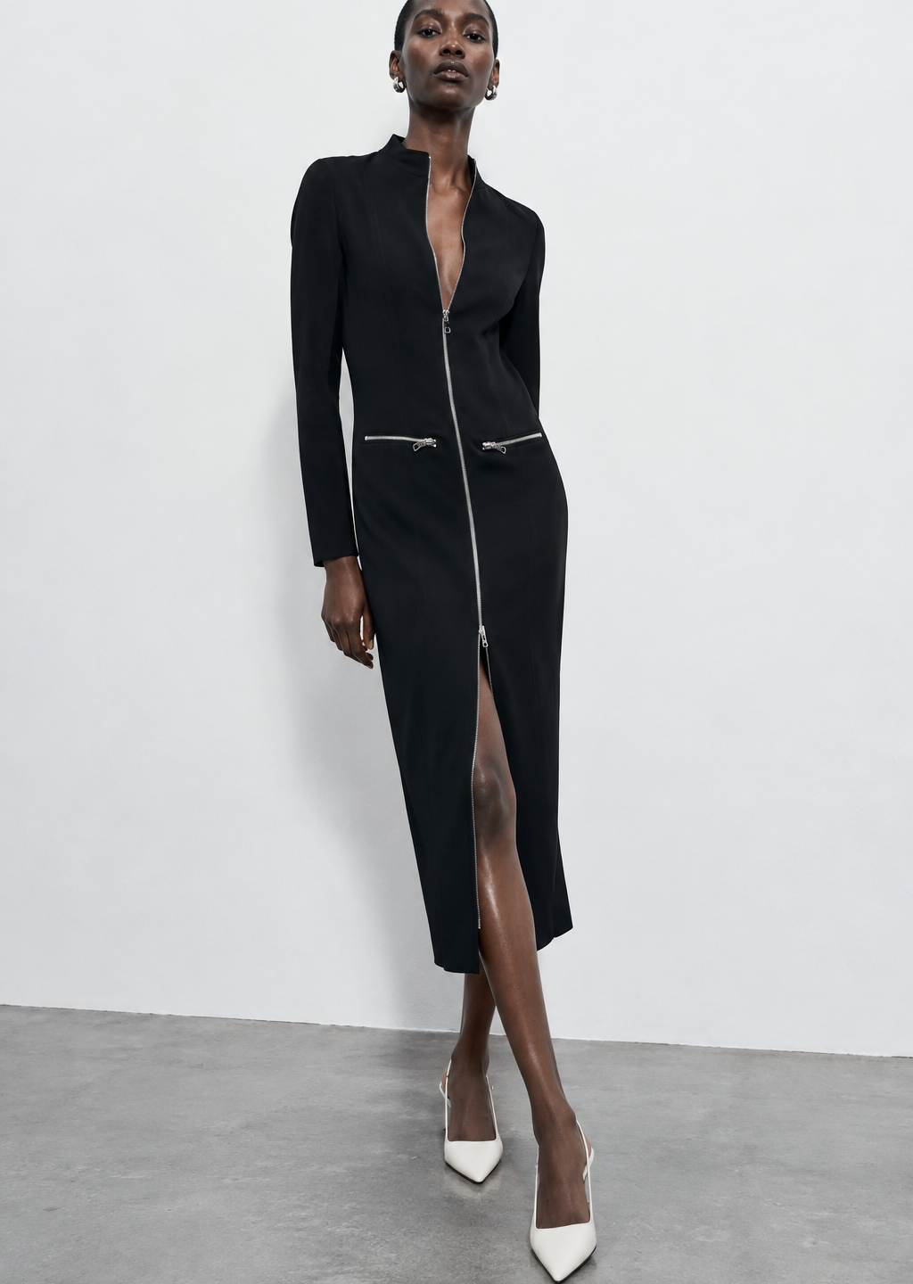 Black Zip-Front Midi Dress